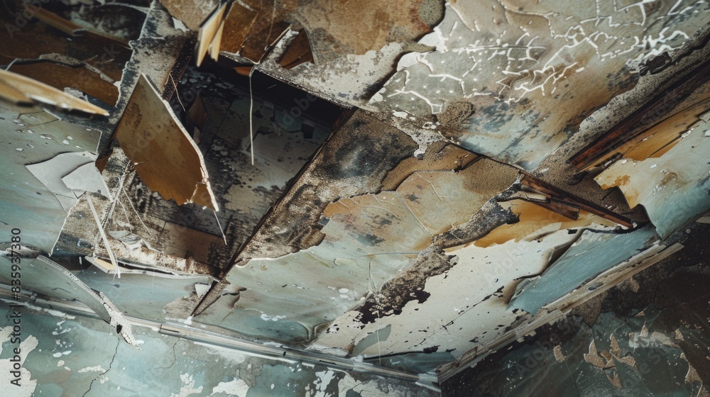Poster a worn-out building ceiling with peeling paint, suitable for use in scenes depicting urban decay or 