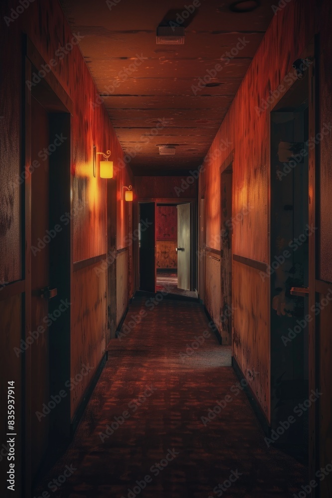 Poster a long hallway with two doors and a single light source