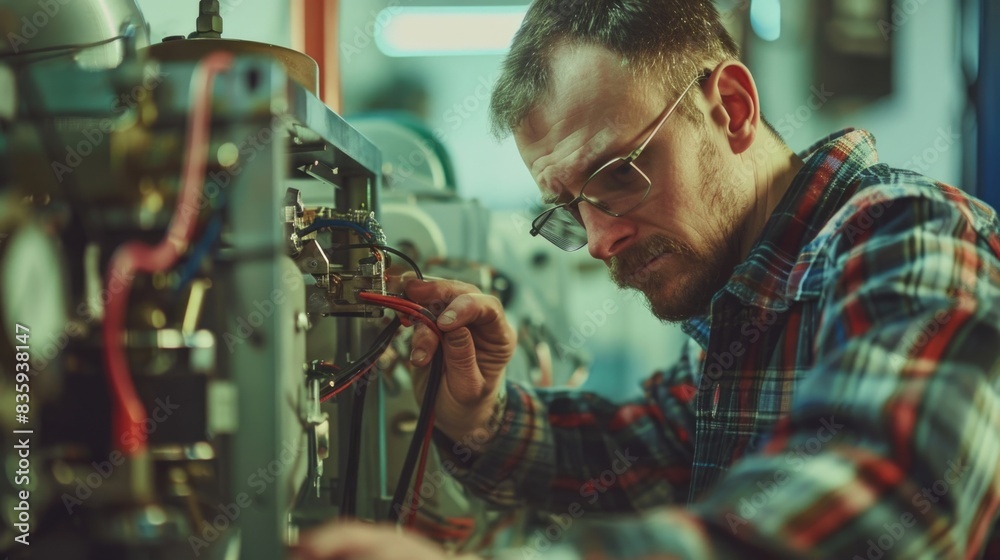 Poster A worker in a factory uses a machine to perform a task, possibly suitable for use in illustrations of industry or manufacturing processes