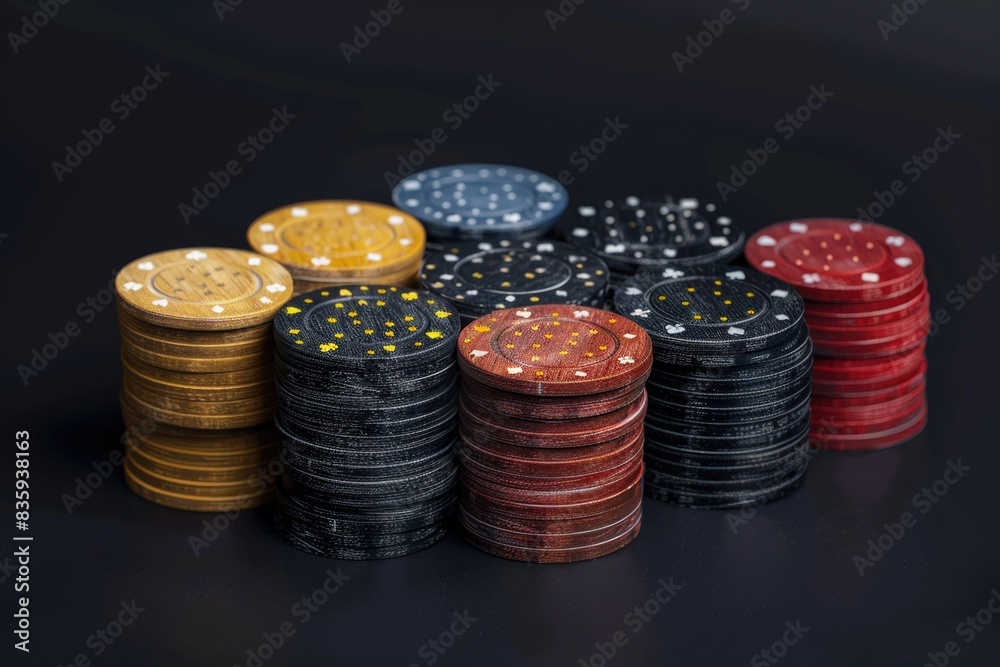 Poster a close-up shot of piled up poker chips stacked on top of each other