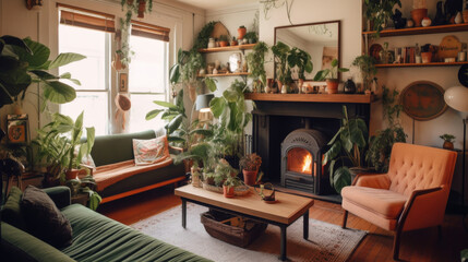 Fototapeta premium Living room with a fireplace and houseplants