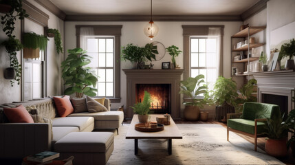 Fototapeta premium Living room with a fireplace and houseplants