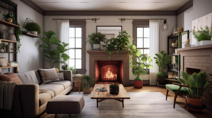 Fototapeta premium Living room with a fireplace and houseplants