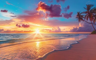 Beautiful sunset over the sea on tropical beach with palm trees and colorful sky for a very beautiful travel and vacation
