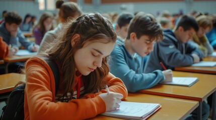 Group of children seated at desks in a typical classroom setting, suitable for educational or school-related uses