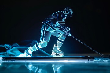 Sports broadcast online, silhouette of a hologram of a hockey player over a smartphone. The concept of sports, speed, rates