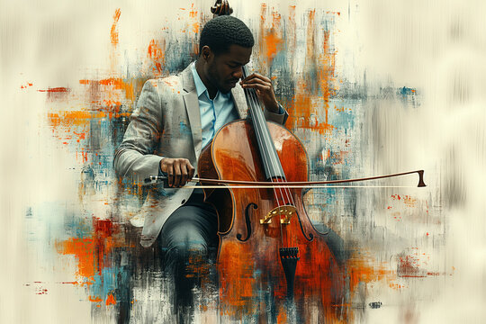 A jazz musician playing the cello with an upright piano in background, depicted as an abstract vector art piece. Abstack art illustration.

