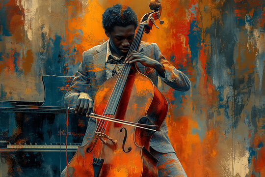 A jazz musician playing the cello with an upright piano in background, depicted as an abstract vector art piece. Abstack art illustration.

