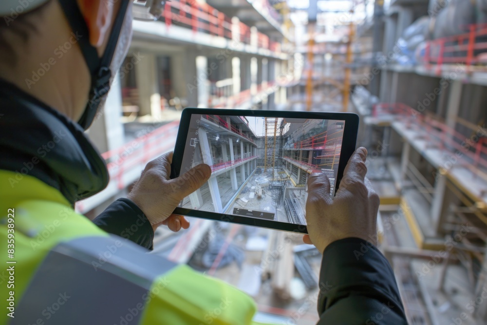 Poster a construction worker holds a tablet while on the job site