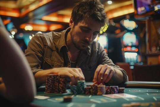 A man playing poker in a casino, suitable for use in articles about gaming or entertainment