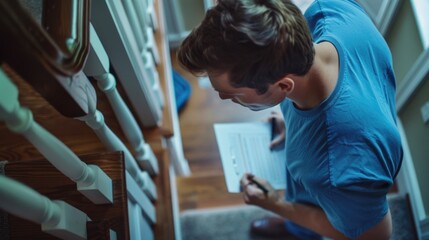 A person studying a piece of paper, possibly checking notes or reading information