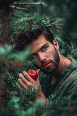 A person with a long beard grasping an apple