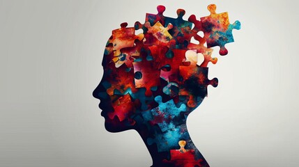 Abstract silhouette of a head with colorful puzzle pieces,