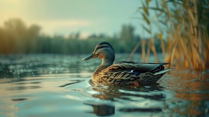 Fototapeta premium A duck swimming on the surface of calm water, with reflections visible