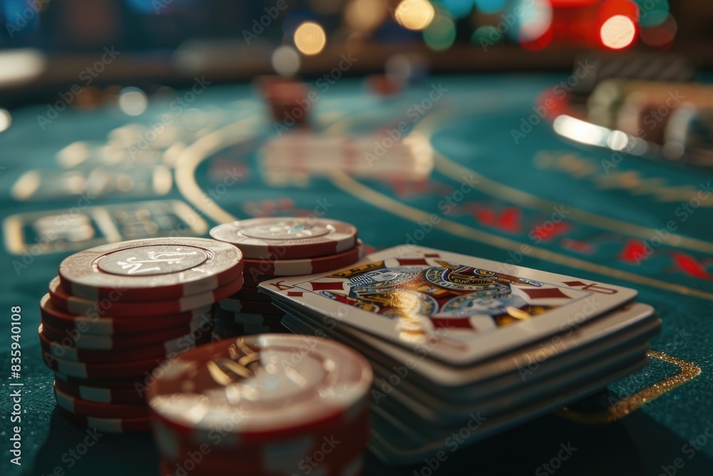 Poster a close-up view of a casino table with cards and chips scattered across the surface, perfect for use