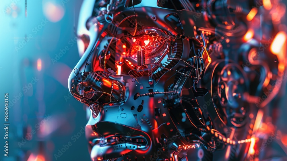 Poster a close-up view of a robot's face lit by a bright red light