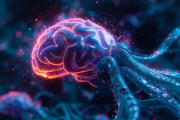 Futuristic digital rendering of a glowing brain network with vibrant neural connections, symbolizing AI and advanced technology in a cosmic setting.