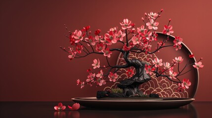 Obraz premium A cherry blossom flower and bonsai logo design in Asian style with Chinese elements icons