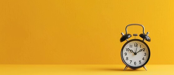 Vintage alarm clock on a bright yellow background, isolated, showing concept of time, punctuality, and morning routine with a minimalist style.