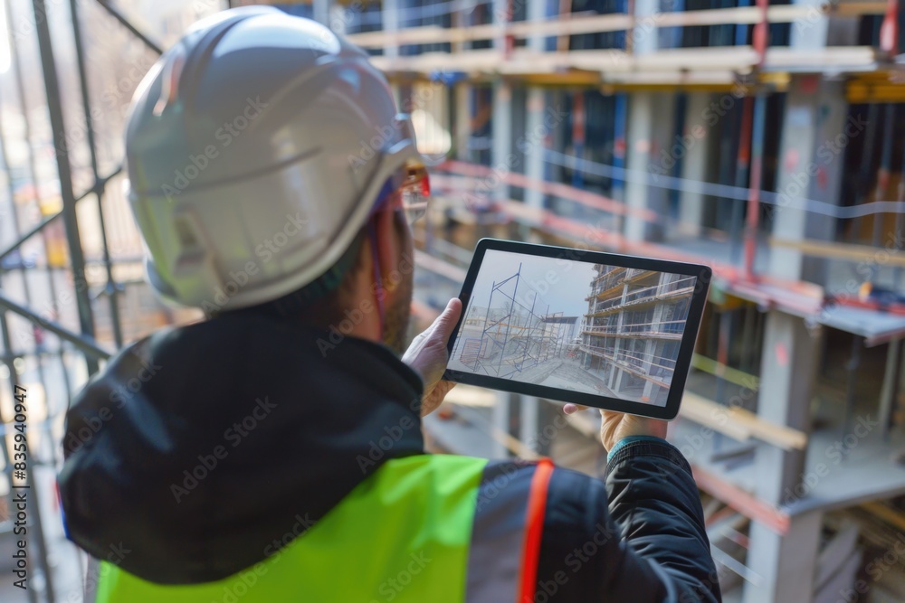 Poster a construction worker wearing a hard hat holds a tablet computer, useful for site management and com