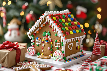 sweet gingerbread house with colorful candy and icing, placed on a festive holiday table with Christmas decorations and presents, capturing the joy and sweetness of the holiday season