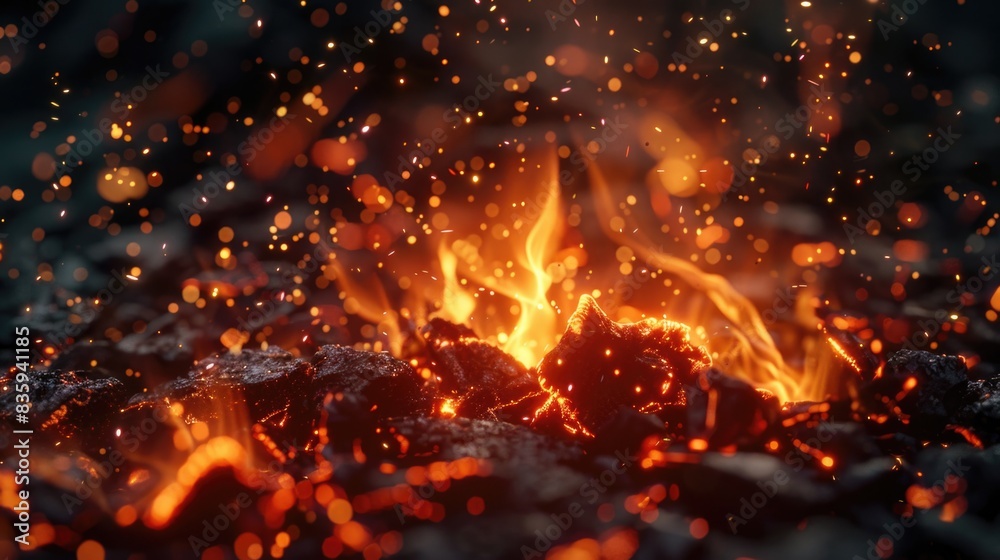 Poster a close-up view of a fiery spark, ideal for uses such as illustrating heat, flames, or warmth