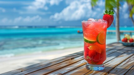 Obraz premium Icy Strawberry Lime Cocktail On Wooden Table By Turquoise Tropical Sea Under Bright Blue Sky And Palm Tree Shade