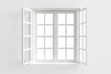 An open window with white shutters on a white wall, suitable for interior design or architecture photography