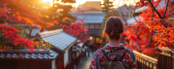 asian woman traveling in traditional japanese city Kyoto in momiji season. ai generated