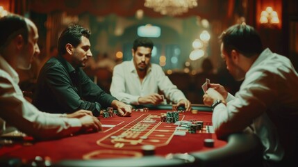 Group of men gathered around a table playing cards, great for backgrounds or illustrations