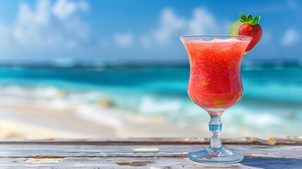 Frozen Strawberry Cocktail In Elegant Glass By Tropical Blue Sea With Soft Waves And Bright Sunny Sky