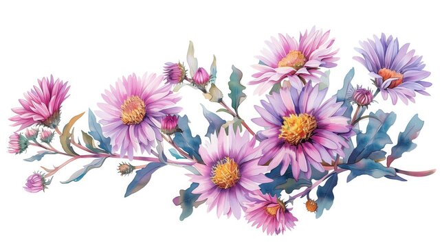 Watercolor illustration of a bouquet of asters on a white background