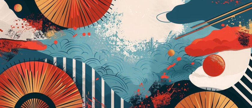 Modern chines template. Geometric background with umbrella and abstract elements. Traditional Japanese fan wallpaper