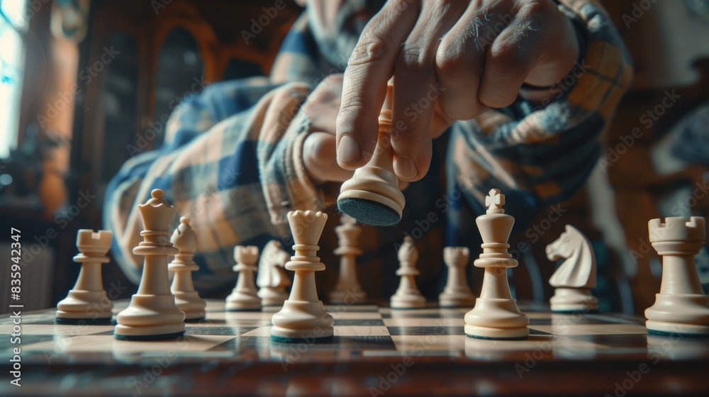 Poster a person engaged in a game of chess on a wooden chess board, focusing intently on the pieces