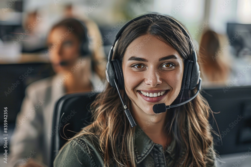 Poster woman working in a call center environment, wearing a headset and possibly handling customer calls o