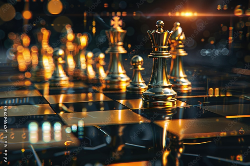 Poster a detailed view of a chessboard featuring golden game pieces, suitable for use in illustrations abou