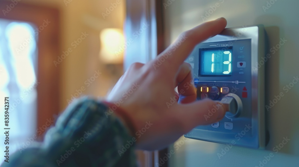 Poster a person presses a button on a control panel