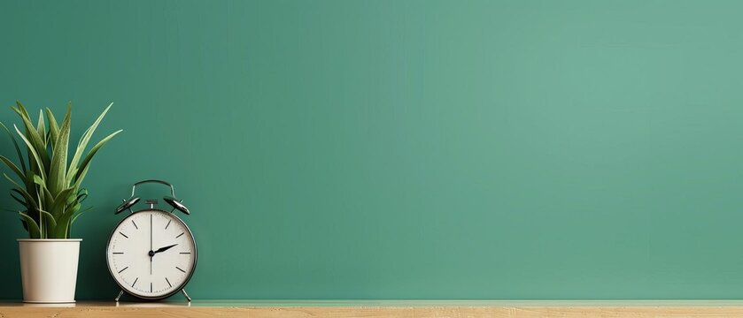 Minimalist workspace with a clock and a plant on a wooden desk against a green wall, showcasing simplicity and organization.