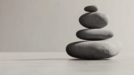 A minimalist still life featuring a stack of zen stones arranged in a cairn, with their smooth surfaces and balanced shapes creating a mesmerizing minimalist composition.