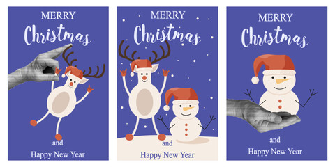 Set Christmas greeting Posters in trendy collage style with Halftone element. XMAS greeting card collection in 2025 Future Dusk color. Vector for social media banner, postcard. Postcard print design.