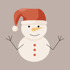 Cute Flat style Snowman design isolated light background. Simple Groovy Christmas Snowman. Minimalism vector can used XMAS poster, card, postcard design template. Design t-shirt print.