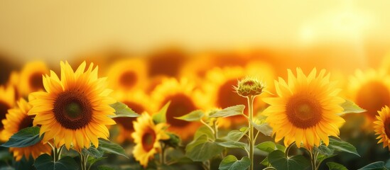 Fototapeta premium Sunflower flowers in a plantation. Creative banner. Copyspace image