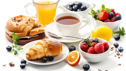 Classic English breakfast with tea on white background