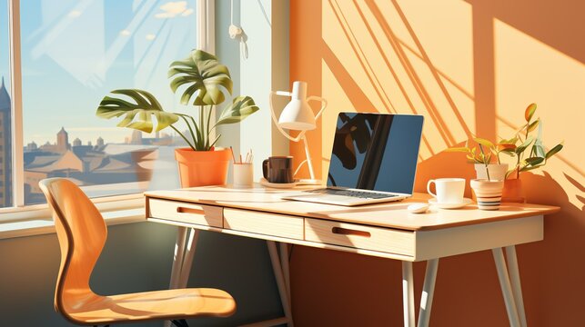Sunlight streaming through large windows onto a minimalist desk setup, inspiring productivity and creativity. Painting Illustration style, Minimal and Simple,