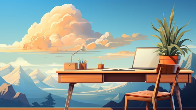 Sunlight streaming through large windows onto a minimalist desk setup, inspiring productivity and creativity. Painting Illustration style, Minimal and Simple,