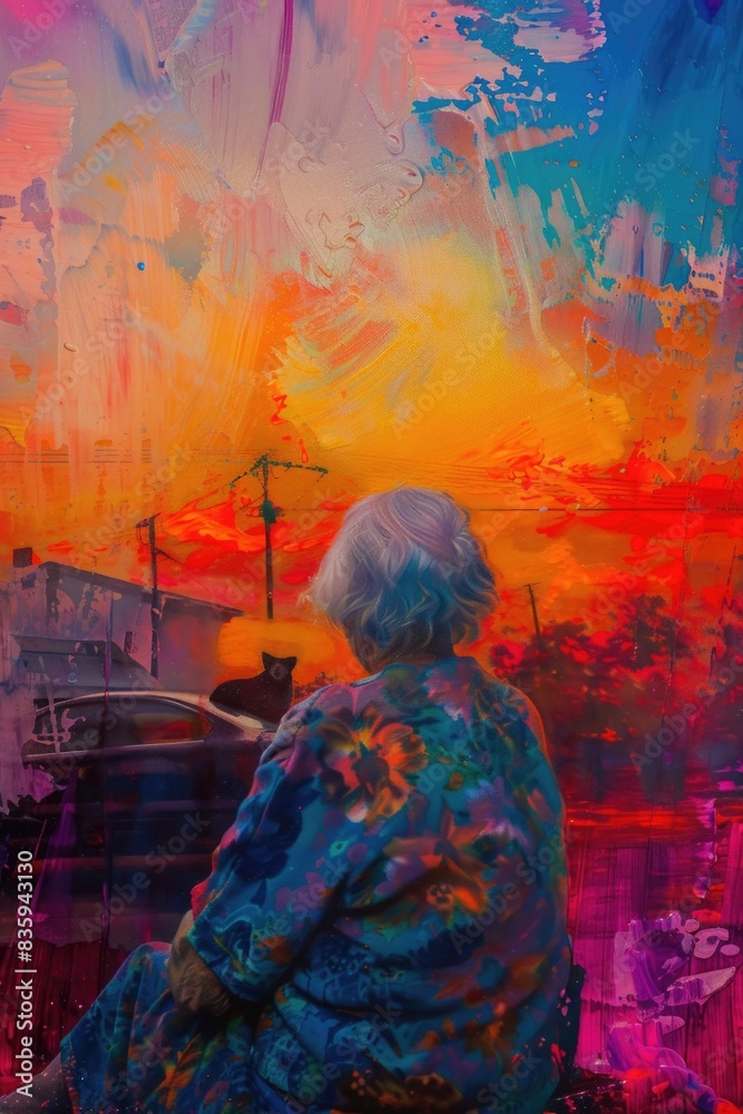 Poster a person sitting on a bench with a calm and peaceful expression