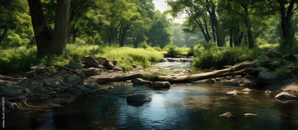 Poster gently flowing stream in the countryside. creative banner. copyspace image
