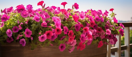 colorful petunia flowers in summer garden Balcony decoration flower. Creative banner. Copyspace image