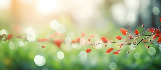 Obraz premium Natural red and green bokeh background blurred trees and sunlight. Creative banner. Copyspace image