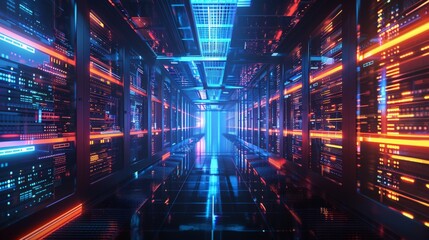 A futuristic data center, humming with the energy of a million transactions per second, illustrating the backbone of modern society powered by information technology
